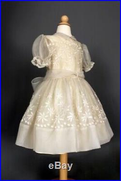 Sz 6x Auth Vtg 1950's Sheer Organdy Embroidered Party Easter Wedding Dress, Slip