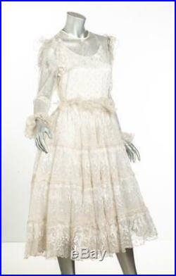 TED LAPIDUS VINTAGE White Gold Lace Lame Long Sleeve Belted Slip+Dress Set 44 M