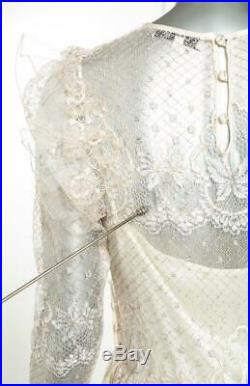 TED LAPIDUS VINTAGE White Gold Lace Lame Long Sleeve Belted Slip+Dress Set 44 M