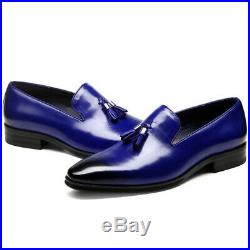 Tassel Loafer Slip On Shoes Men Blue Color Burnished Derby Toe Vintage Leather