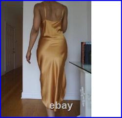 True Vintage 100% Silk Embroidered Long Slip Dress Size Small Gold 90's