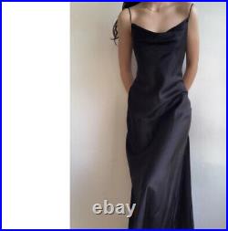 True Vintage 100% Silk Maxi Long Slip Dress Black Side Slit Medium Cowl Neck