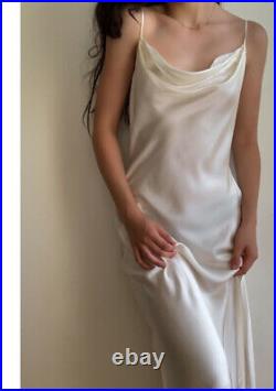 True Vintage 100% Silk Maxi Long Slip Dress Side Slit Medium Cowl Neck