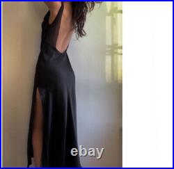 True Vintage 100% Silk Maxi Long Slip Dress Side Slit Size Small Black Lace 90's