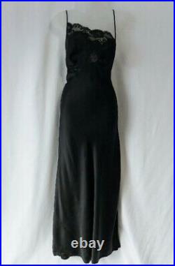 True Vintage 100% Silk Maxi Long Slip Dress Side Slit Size Small Black Lace 90s