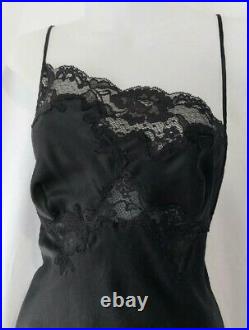 True Vintage 100% Silk Maxi Long Slip Dress Side Slit Size Small Black Lace 90s