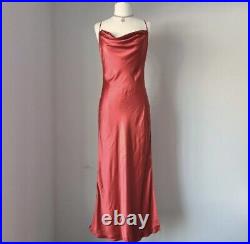 True Vintage 100% Silk Maxi Long Slip Dress Side Slit Size Small Red Lace 90's