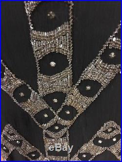 True Vintage 1920's Flapper Dress Black Silk Chiffon Beaded Sequin Fringe Slip
