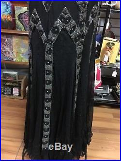True Vintage 1920s Flapper Dress Black Silk Chiffon Beaded Sequin Fringe Slip