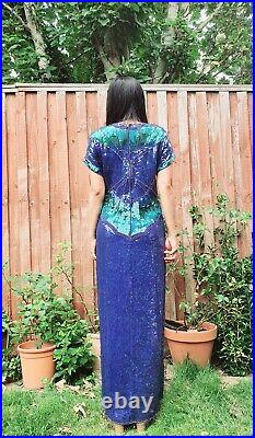True Vintage Serenade Fully Beaded Mermaid Slip Maxi Silk Dress UK M sequin Rare