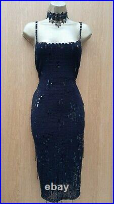 UK 10-12 KAREN MILLEN 2 Black Knit Crochet Sequin Beaded Vintage Wiggle Dress