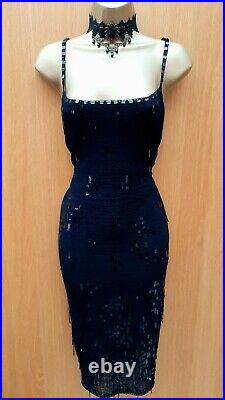 UK 10-12 KAREN MILLEN 2 Black Knit Crochet Sequin Beaded Vintage Wiggle Dress