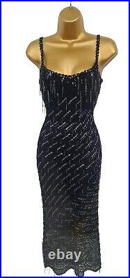 UK 8-10 KAREN MILLEN 1 Black Knit Crochet Teardrop Beaded Vintage Wiggle Dress