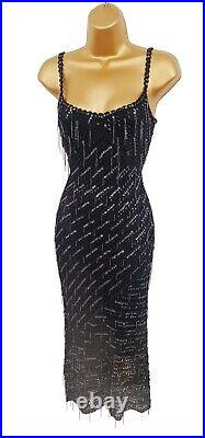 UK 8-10 KAREN MILLEN 1 Black Knit Crochet Teardrop Beaded Vintage Wiggle Dress