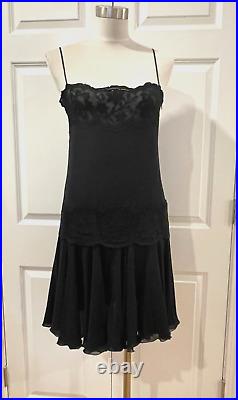 VALENTINO Night Black vintage drop waist silk lace flounce mini slip dress 6