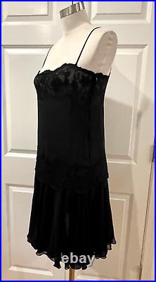VALENTINO Night Black vintage drop waist silk lace flounce mini slip dress 6