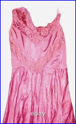 VICTORIAN vtg Lace Night Gown Slip Dress Pink Cranberry Thin Pretty Long Flowy