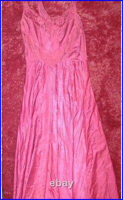 VICTORIAN vtg Lace Night Gown Slip Dress Pink Cranberry Thin Pretty Long Flowy