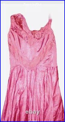 VICTORIAN vtg Lace Night Gown Slip Dress Pink Cranberry Thin Pretty Long Flowy