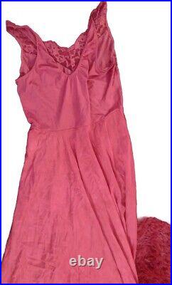 VICTORIAN vtg Lace Night Gown Slip Dress Pink Cranberry Thin Pretty Long Flowy