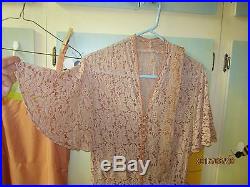 VINTAGE 1930s TAUPE LACE DRESS, MATCHING SLIP, 29 BUTTONS, GORED SKIRT, BELT