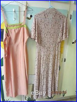 VINTAGE 1930s TAUPE LACE DRESS, MATCHING SLIP, 29 BUTTONS, GORED SKIRT, BELT