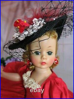 VINTAGE 1950 MADAME ALEXANDER CISSETTE DOLL tagged DRESS red cotton HAT slip
