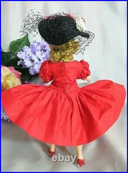 VINTAGE 1950 MADAME ALEXANDER CISSETTE DOLL tagged DRESS red cotton HAT slip