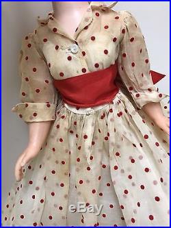 VINTAGE 1956 CISSY DOLL With ORGANDY FLOCKED RED POLKA DOT DRESS HAT SLIP SHOES