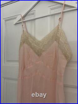 VINTAGE 50s Silk Bias Cut Lingerie Slip Dress Pink Withivory Lace Womens