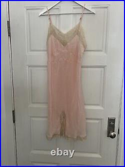 VINTAGE 50s Silk Bias Cut Lingerie Slip Dress Pink Withivory Lace Womens