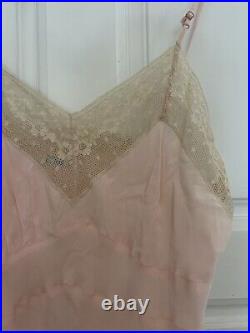 VINTAGE 50s Silk Bias Cut Lingerie Slip Dress Pink Withivory Lace Womens