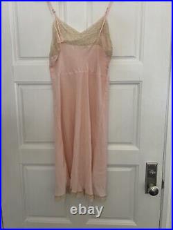 VINTAGE 50s Silk Bias Cut Lingerie Slip Dress Pink Withivory Lace Womens