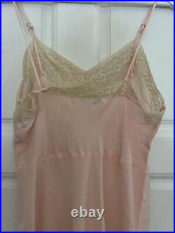 VINTAGE 50s Silk Bias Cut Lingerie Slip Dress Pink Withivory Lace Womens