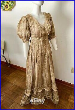 VINTAGE EARLY 1800s'PRAIRIE' STYLE DRESS-FULL LENGTH- SLIP ATT. FAWN HUED-S