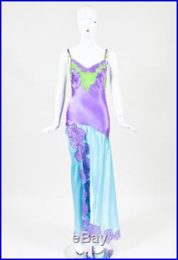 VINTAGE Gianni Versace Couture Purple Blue & Green Silk Lace Slip Dress SZ 40