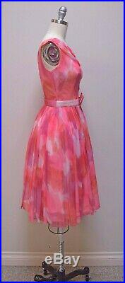 VINTAGE Hot Fuchia Pink Orange Silk Chiffon Party Dress w Crinoline Slip XS