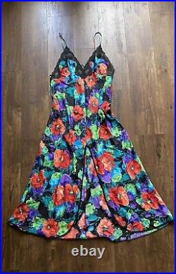 VINTAGE INDULGENCE 80s XL Floral Slip Dress Lace Trimming Slit Down the Middle