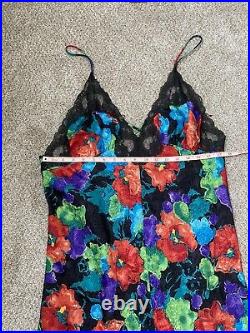 VINTAGE INDULGENCE 80s XL Floral Slip Dress Lace Trimming Slit Down the Middle