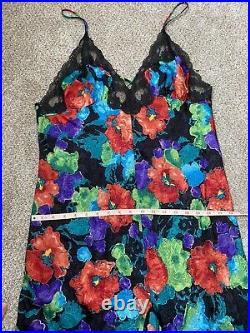 VINTAGE INDULGENCE 80s XL Floral Slip Dress Lace Trimming Slit Down the Middle