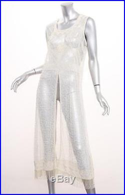 VINTAGE Ivory Beaded Mesh Fringe Flapper Art Deco Slip Shift Dress M