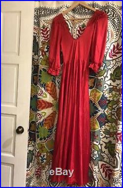 VINTAGE OLGA Cherry Red 1950s 60s Nightgown Lingerie Lace Dress L XS/S