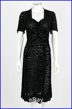 VINTAGE c. 1930's BLACK POLKA DOT DEVORE VELVET SLIP WIGGLE DRESS Size M