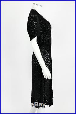 VINTAGE c. 1930's BLACK POLKA DOT DEVORE VELVET SLIP WIGGLE DRESS Size M