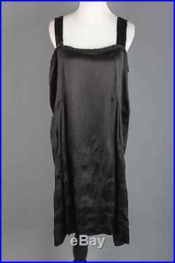 VTG 1920s Women's Black Satin Drop Waist Slip or Dress with Embroidery #1620 20s