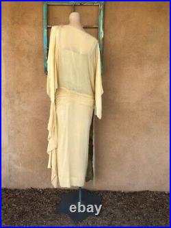 VTG 1920s Yellow Chiffon Flapper Dress Drop Waist Silver Slip Sz S AS IS