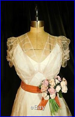 VTG 1930's Sheer ORGANDY Wedding Gown BIAS CUT Dress Train withSlip BOUQUET MUSEUM