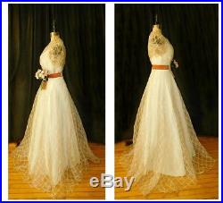VTG 1930's Sheer ORGANDY Wedding Gown BIAS CUT Dress Train withSlip BOUQUET MUSEUM
