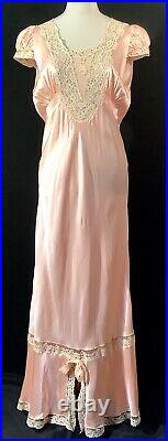VTG 1930s Art Deco Bias cut Pink Satin Ecru Lace Nightgown Slip Dress Negligee M