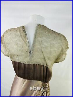 VTG 1930s Art Deco Womens Small Liquid Satin Lace Flowy Slip Dress Brown